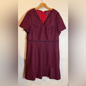 Boden British Tweed Wool Dress Women’s Size 16L Burgundy‎ Navy Herringbone
